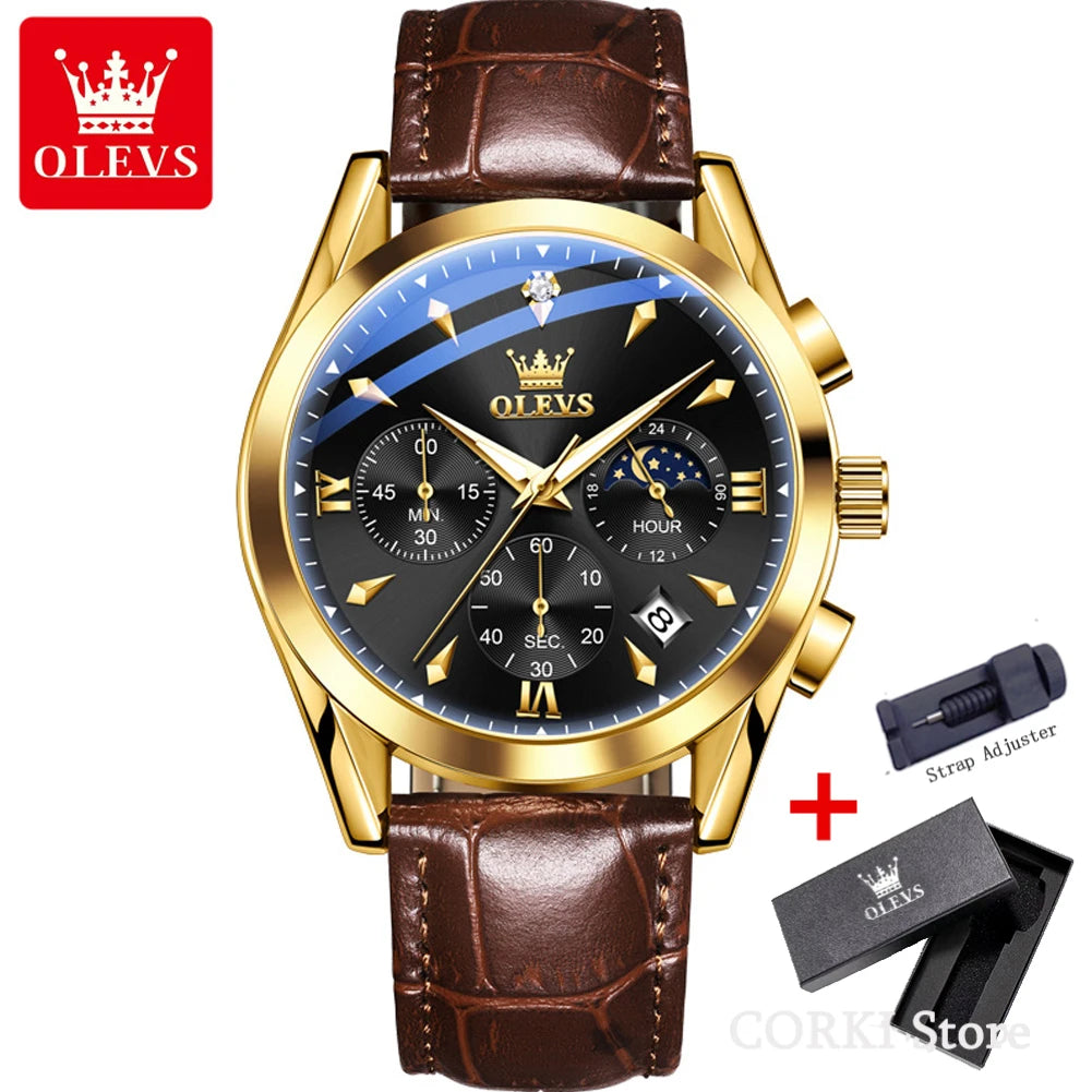 OLEVS 3609 Original Phase de lune chronographe montre pour hommes en cuir étanche lumineux luxe Quartz hommes montres Reloj Mujer