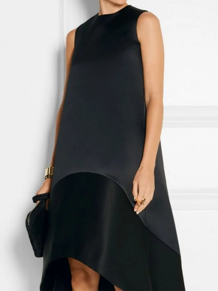 Robe Midi Yeezzi pour Femme, Élégante, Noire, Patchwork, Asymétrique, Sans Manches, Col Rond, Nouvelle Collection Été 2026, pour Soirées et Cérémonies