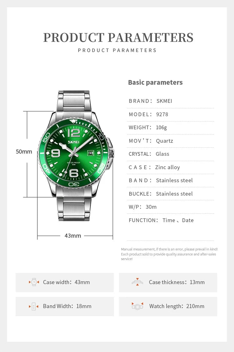 SKMEI 9278 luxe en acier inoxydable heure semaine Date horloge montre à Quartz pour hommes Sport étanche montres hommes Reloj Hombre