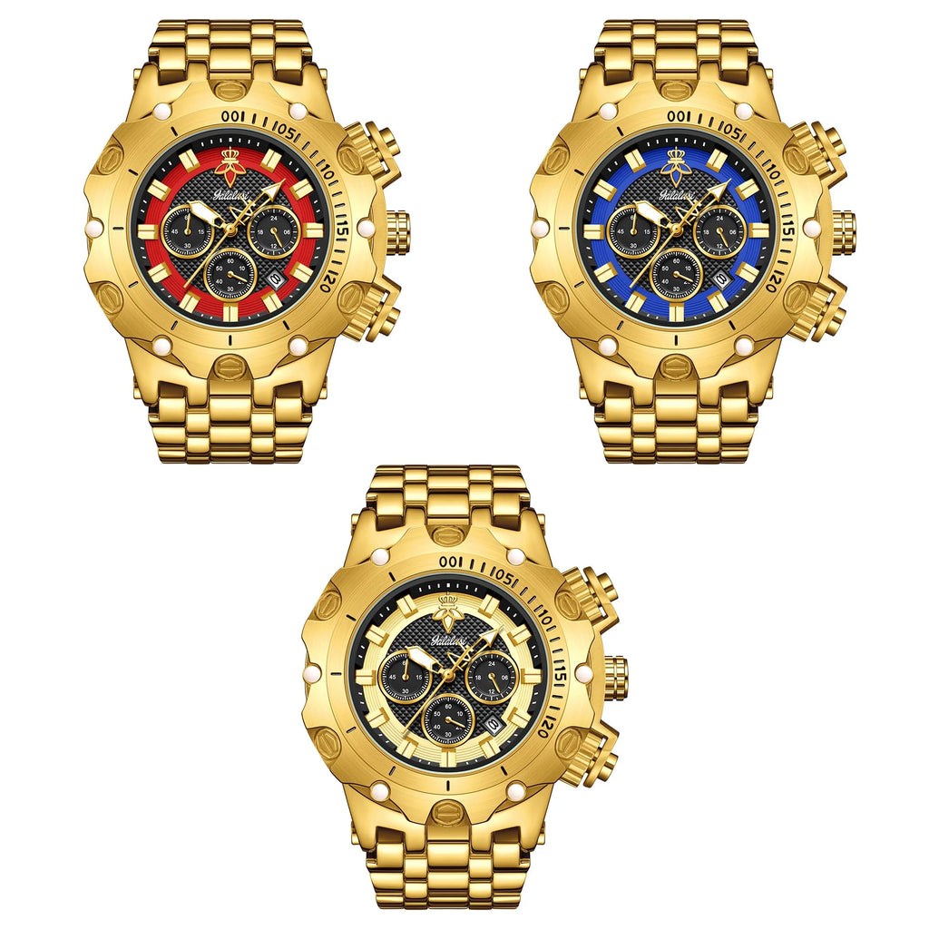 YaLaLuSi – montre en or pour hommes, multi chronographe, 3 sous-cadrans, bracelet robuste, cadran lumineux, montre-bracelet à Quartz, cadeau pour homme