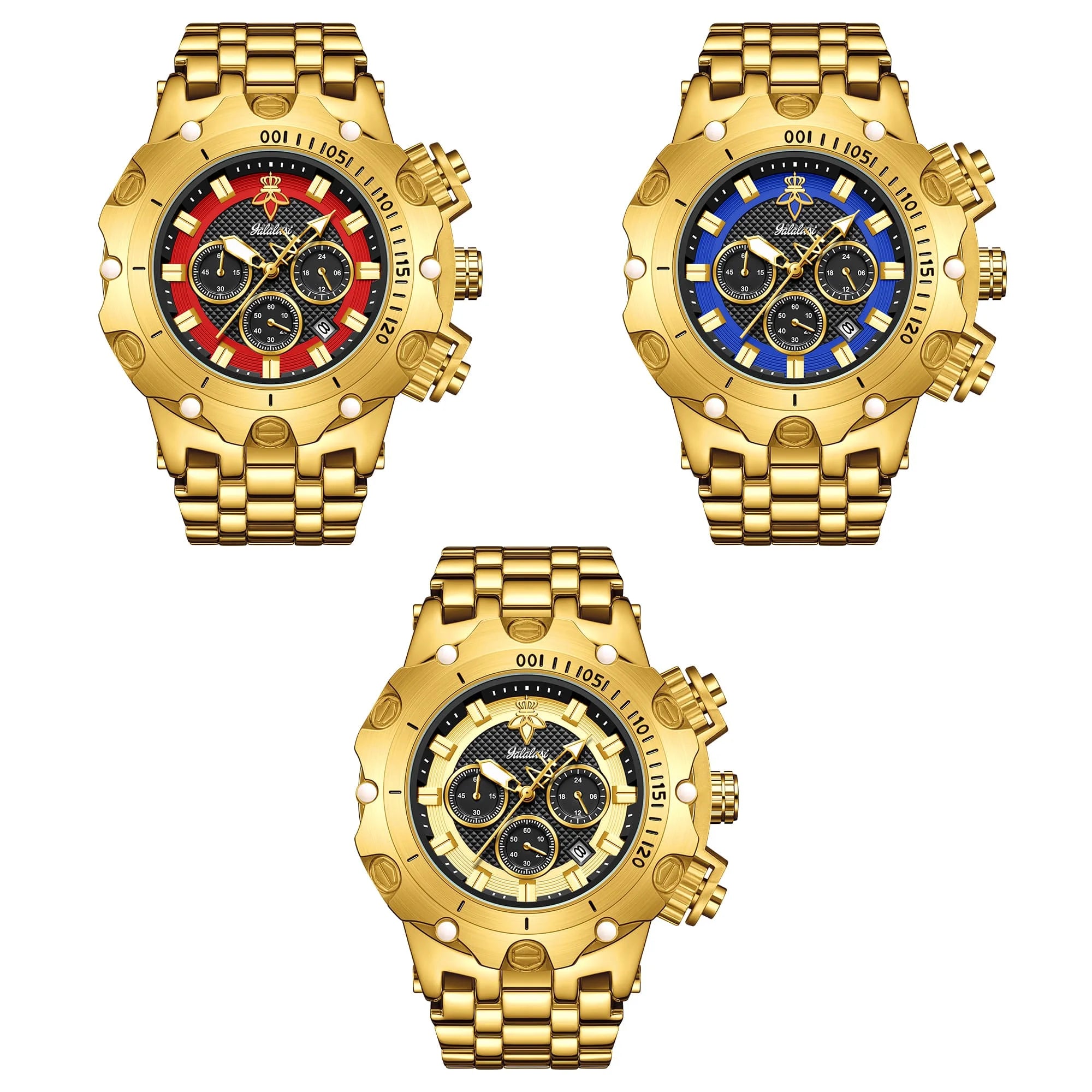 YaLaLuSi – montre en or pour hommes, multi chronographe, 3 sous-cadrans, bracelet robuste, cadran lumineux, montre-bracelet à Quartz, cadeau pour homme