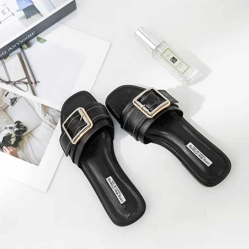 Pantoufles Plates d'Été en Cuir pour Femme, Sandales Carrées, Tongs de Styliste, Chaussures de Luxe