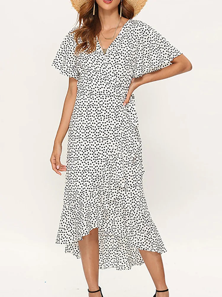 Robe longue en mousseline de soie pour femmes, imprimé floral, style boho, volants ronds, décontracté, col en v, fendue, sexy, robe de soirée, été