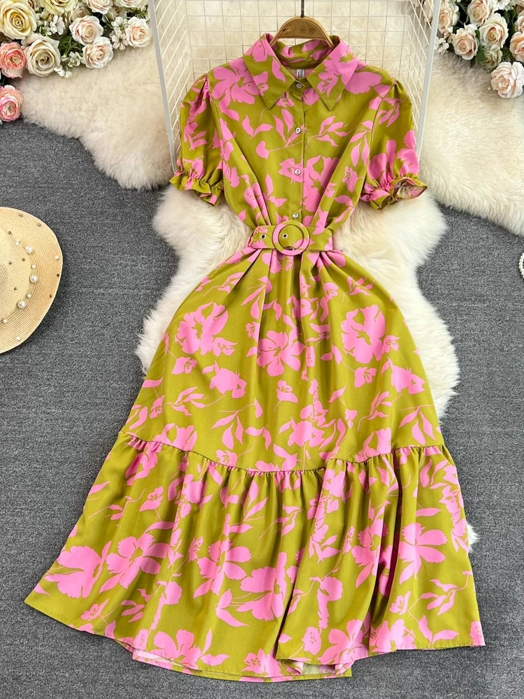Robe midi rétro à col bulle, coupe ajustée, imprimé floral, manches courtes, style coréen, taille haute, pour femme, idéale pour le quotidien