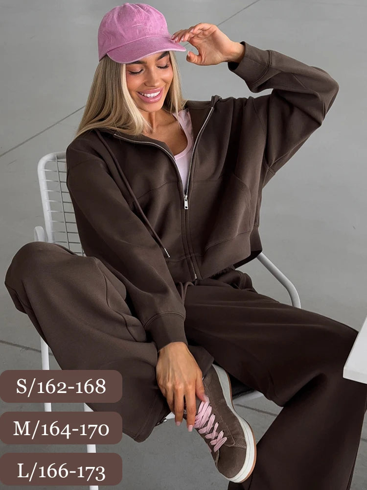 Ensemble de survêtement pour femmes, sweat-shirt à capuche et pantalon, ensemble deux pièces, sweat-shirt décontracté à fermeture éclair, pantalon de sport uni avec cordon de serrage, ensembles de sport