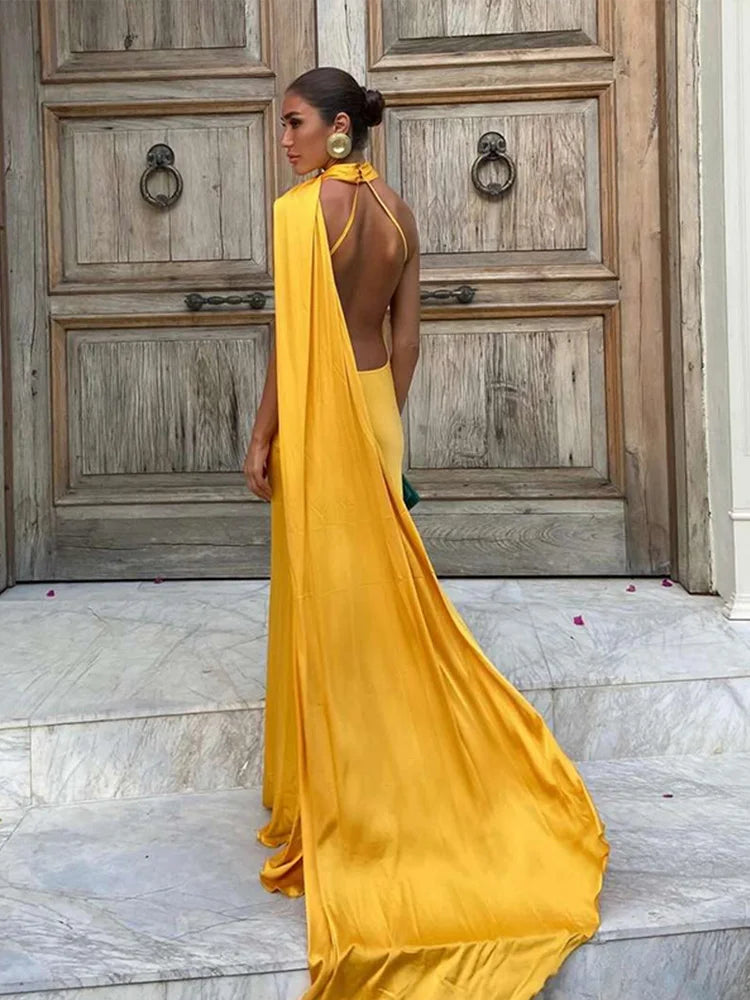 Robe élégante à col licou pour femmes, couleur unie, épaules dénudées, sans manches, dos nu, Slim, Maxi, Robes de soirée, été, automne, 2025
