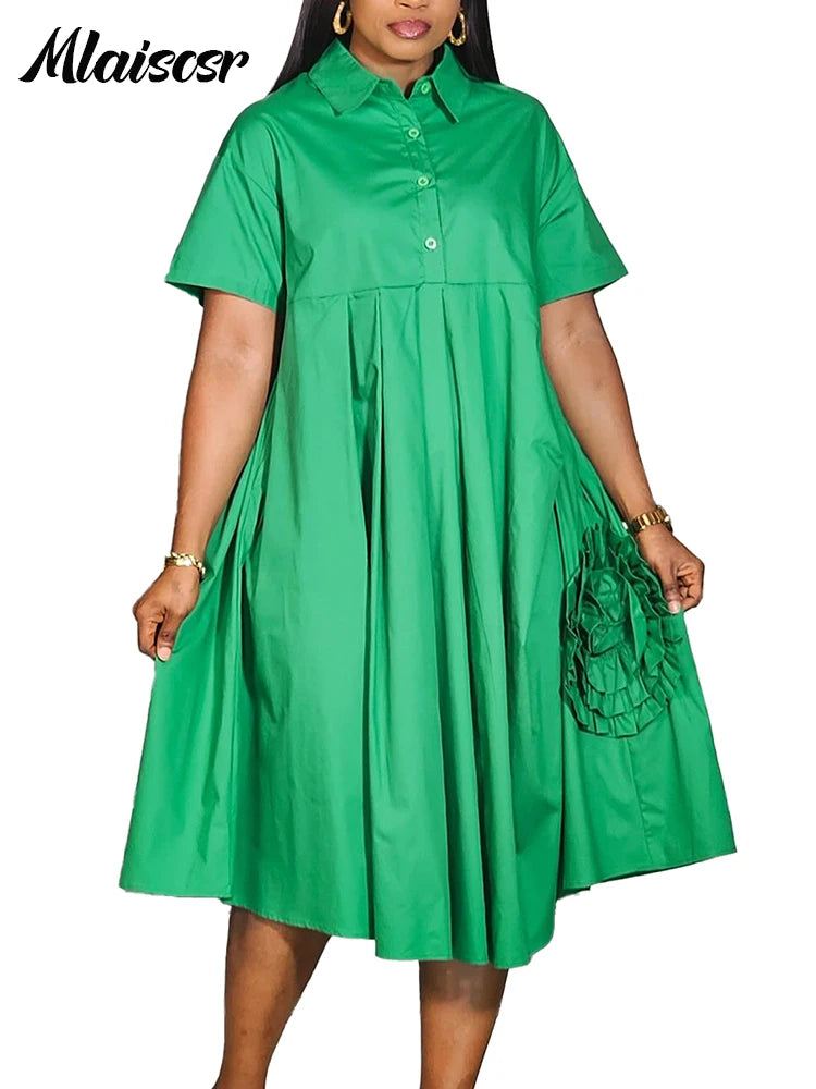 Mlaiscsr mode bureau 3D chemise florale Robe femmes à manches courtes revers épissé chemise plissée robes 2025 été Robe africaine