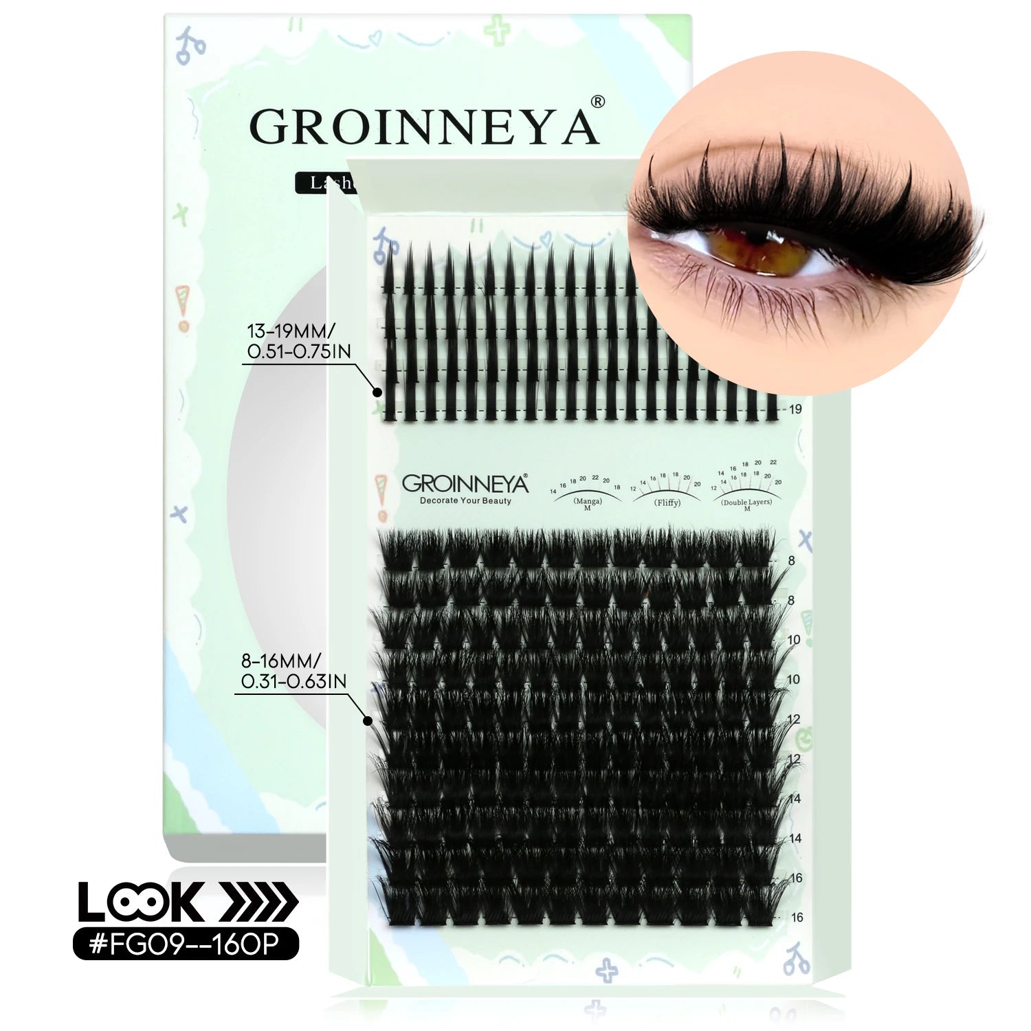 GROINNEYA Kit de grappes de cils pointes cils individuels grappes de cils Kit de grappes de cils D-curly avec maquillage de liaison et de joint