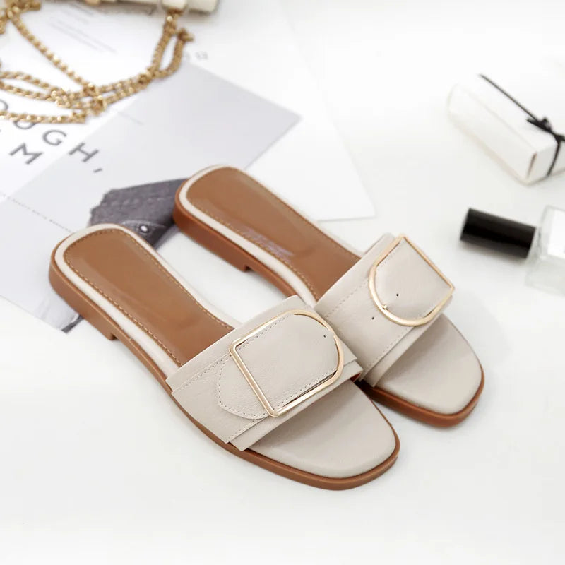 Pantoufles Plates d'Été en Cuir pour Femme, Sandales Carrées, Tongs de Styliste, Chaussures de Luxe