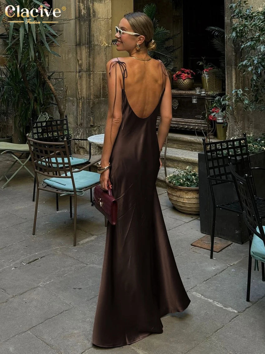 ClacMarkets-Robe en satin marron pour femme, bretelles, longueur au sol, sexy, dos nu, été 2025