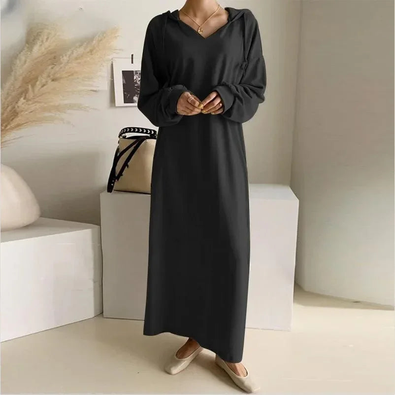 Robe à manches longues pour femmes, col à capuche décontracté, sweats à capuche de proximité, robes élégantes pour femmes de bureau, robe maxi éducative