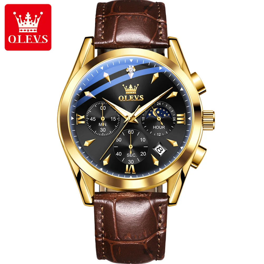 OLEVS 3609 Original Phase de lune chronographe montre pour hommes en cuir étanche lumineux luxe Quartz hommes montres Reloj Mujer