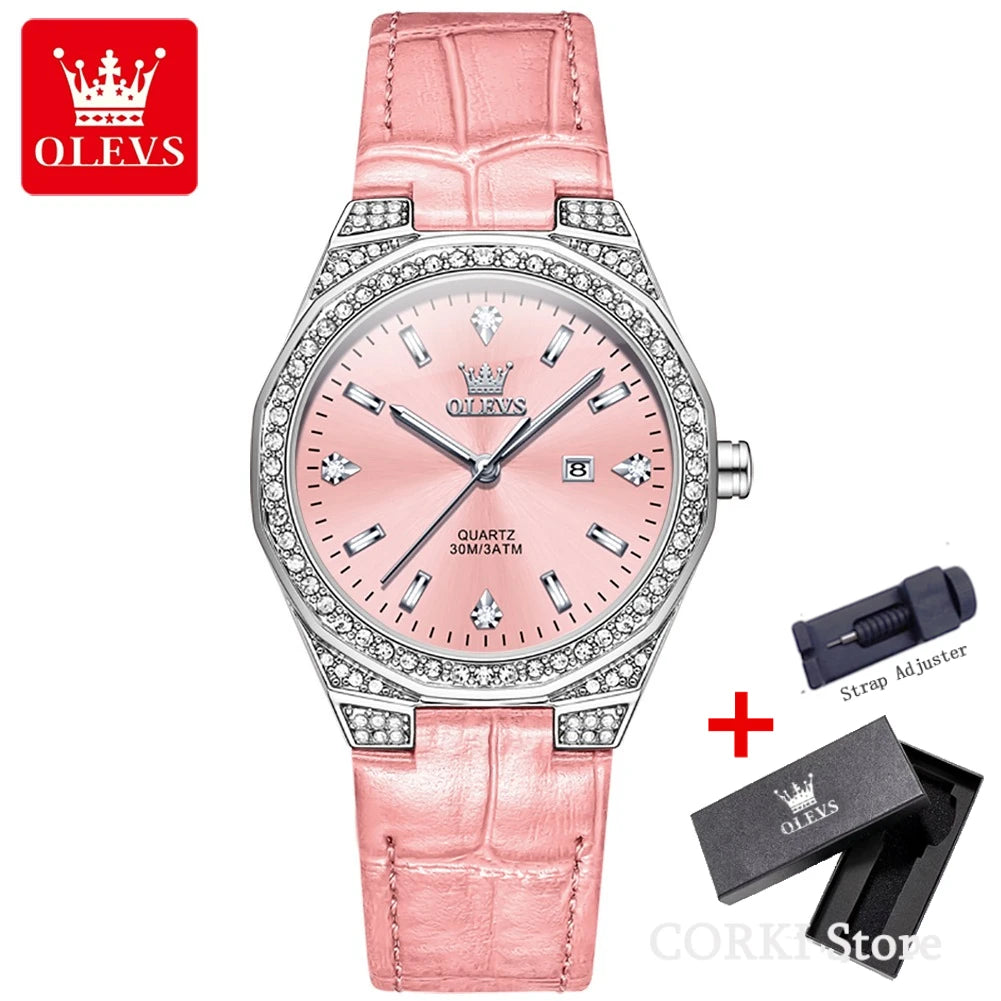 OLEVS 5606 montres de luxe pour femmes diamant tour bracelet en cuir étanche lumineux dames montre-bracelet montre à Quartz pour les femmes Relogio