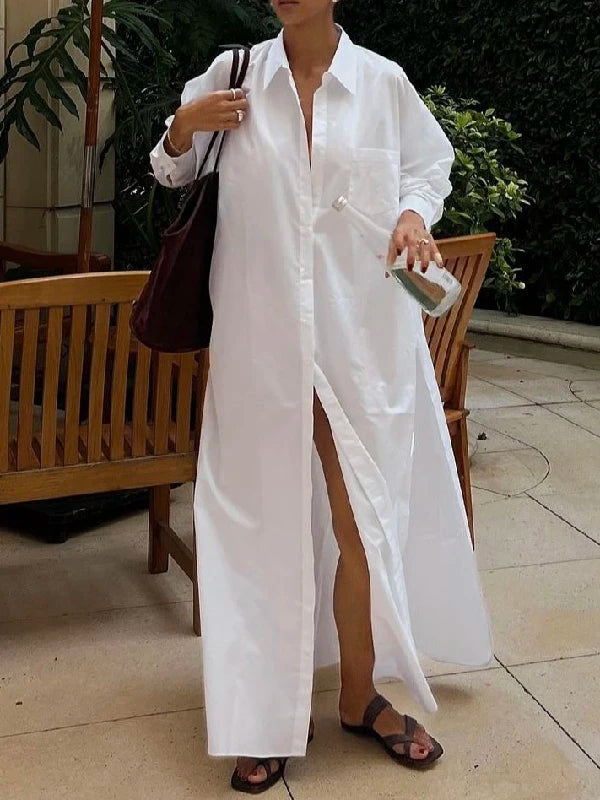 Krisstargirls blanc Maxi robes pour femmes 2025 printemps été vêtements fendu côté femme Simple décontracté boutonné longue chemise robe