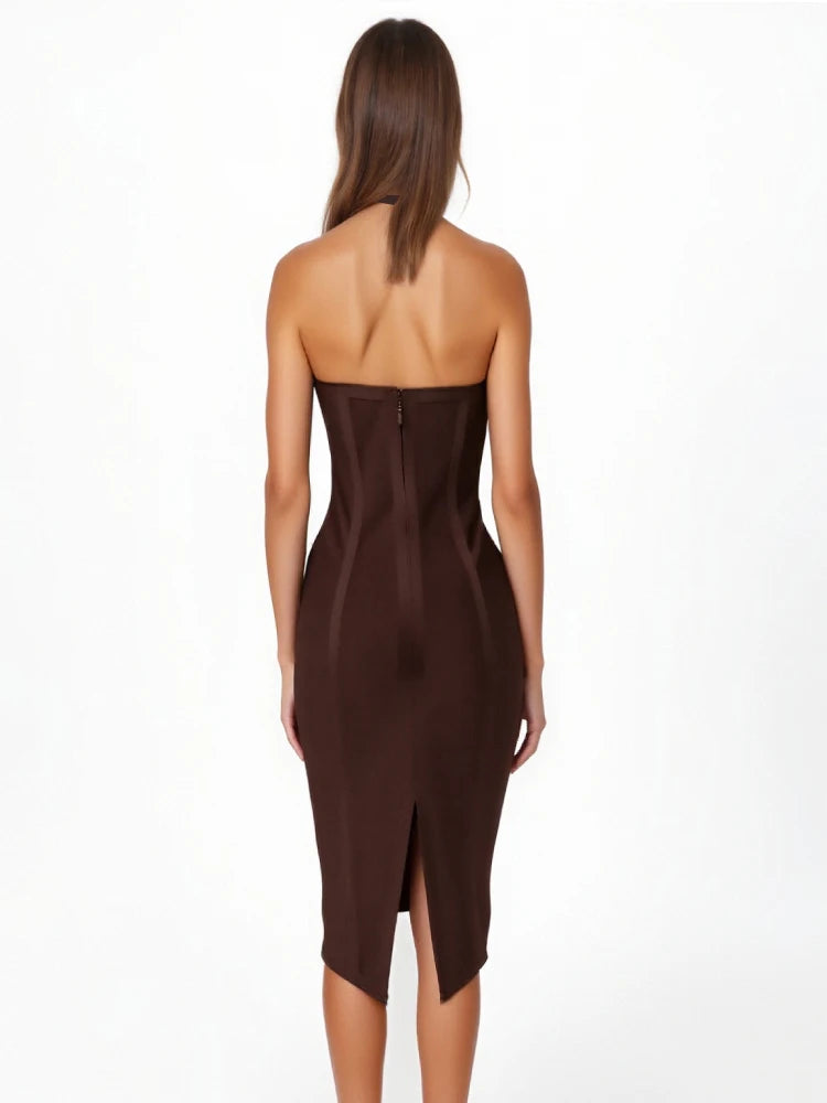 Robe moulante mi-longue à col en V profond et dos nu, style bandage, sexy et tendance, pour femme, idéale pour les soirées et événements d'été, style célébrité, Vestidos