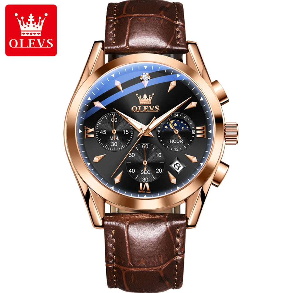 OLEVS 3609 Original Phase de lune chronographe montre pour hommes en cuir étanche lumineux luxe Quartz hommes montres Reloj Mujer