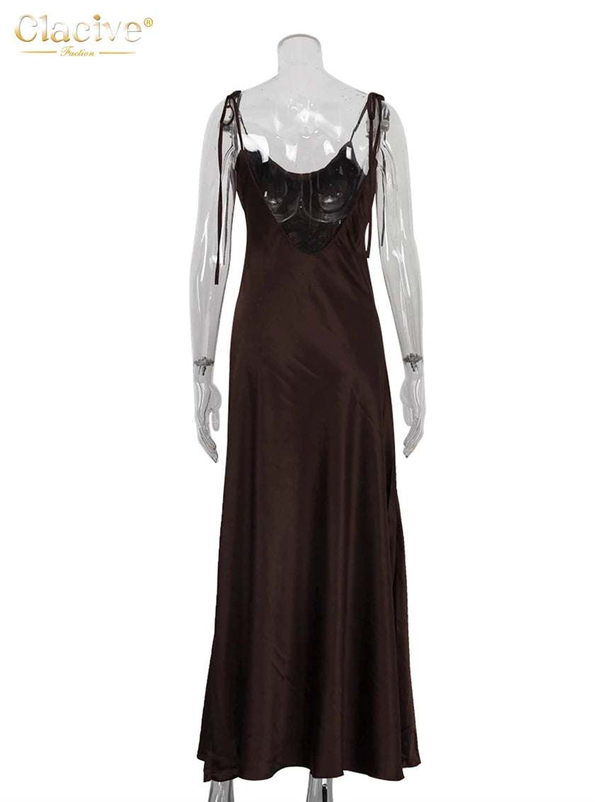 ClacMarkets-Robe en satin marron pour femme, bretelles, longueur au sol, sexy, dos nu, été 2025