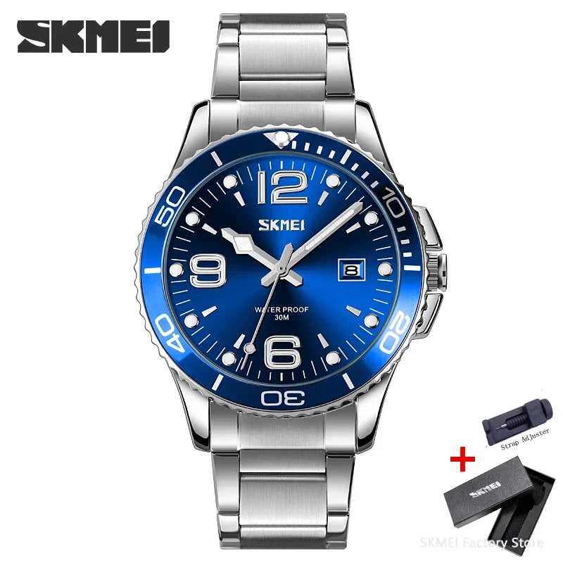 SKMEI 9278 luxe en acier inoxydable heure semaine Date horloge montre à Quartz pour hommes Sport étanche montres hommes Reloj Hombre