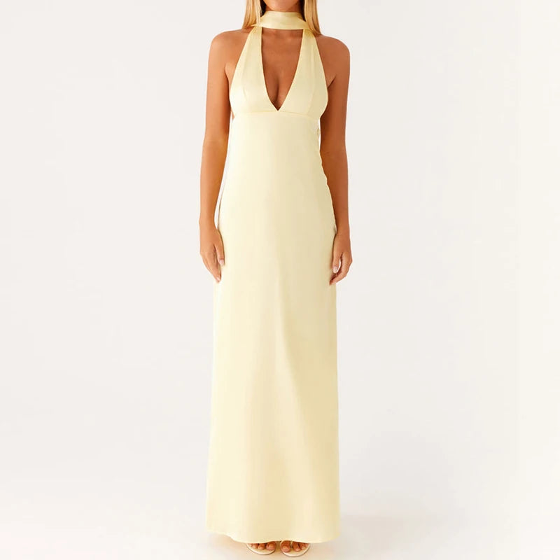 Maemukilabe Robe longue sexy sans manches, coupe basse, imprimée, style Boho, col licou, coupe cintrée, fluide, dos nu, floral, vêtements de plage d'été