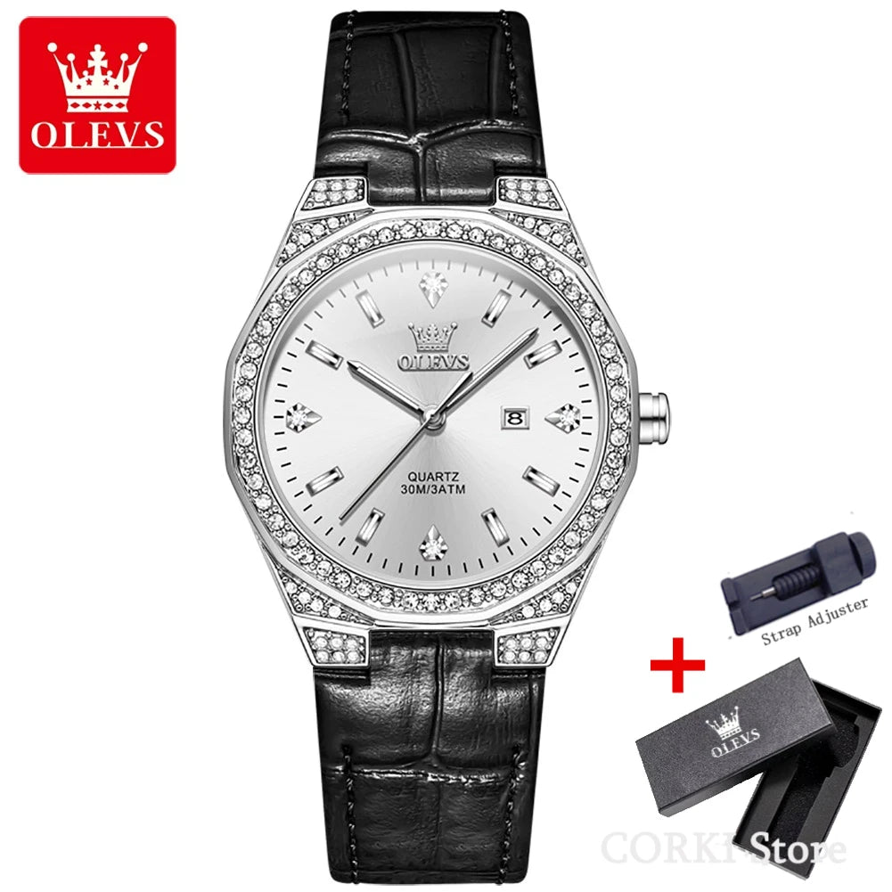 OLEVS 5606 montres de luxe pour femmes diamant tour bracelet en cuir étanche lumineux dames montre-bracelet montre à Quartz pour les femmes Relogio