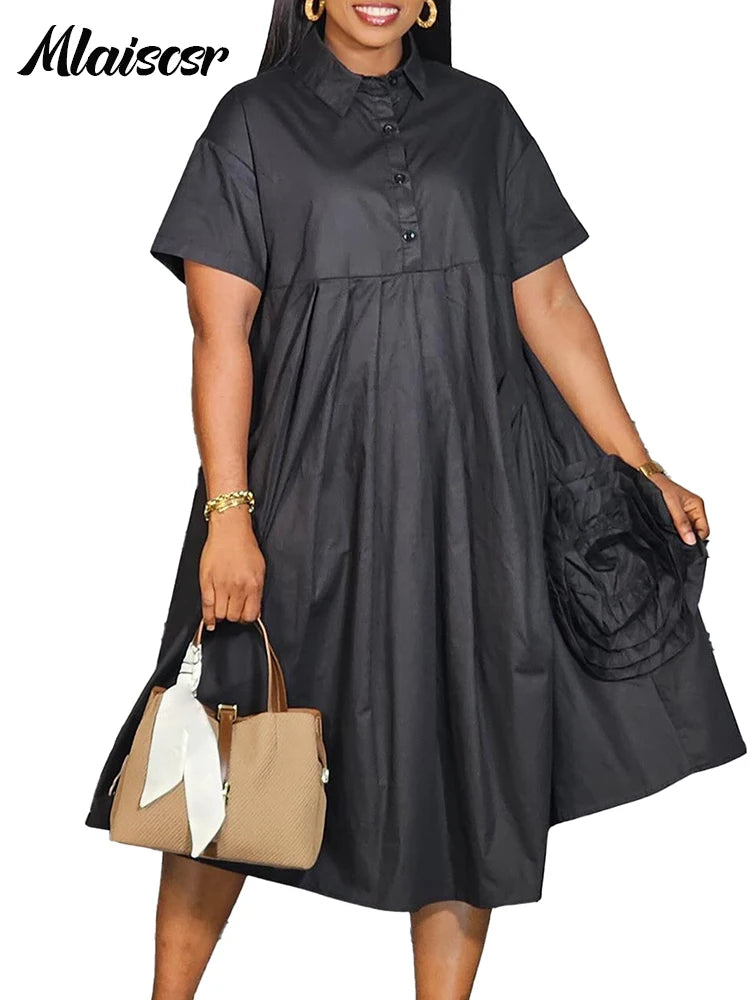 Mlaiscsr mode bureau 3D chemise florale Robe femmes à manches courtes revers épissé chemise plissée robes 2025 été Robe africaine
