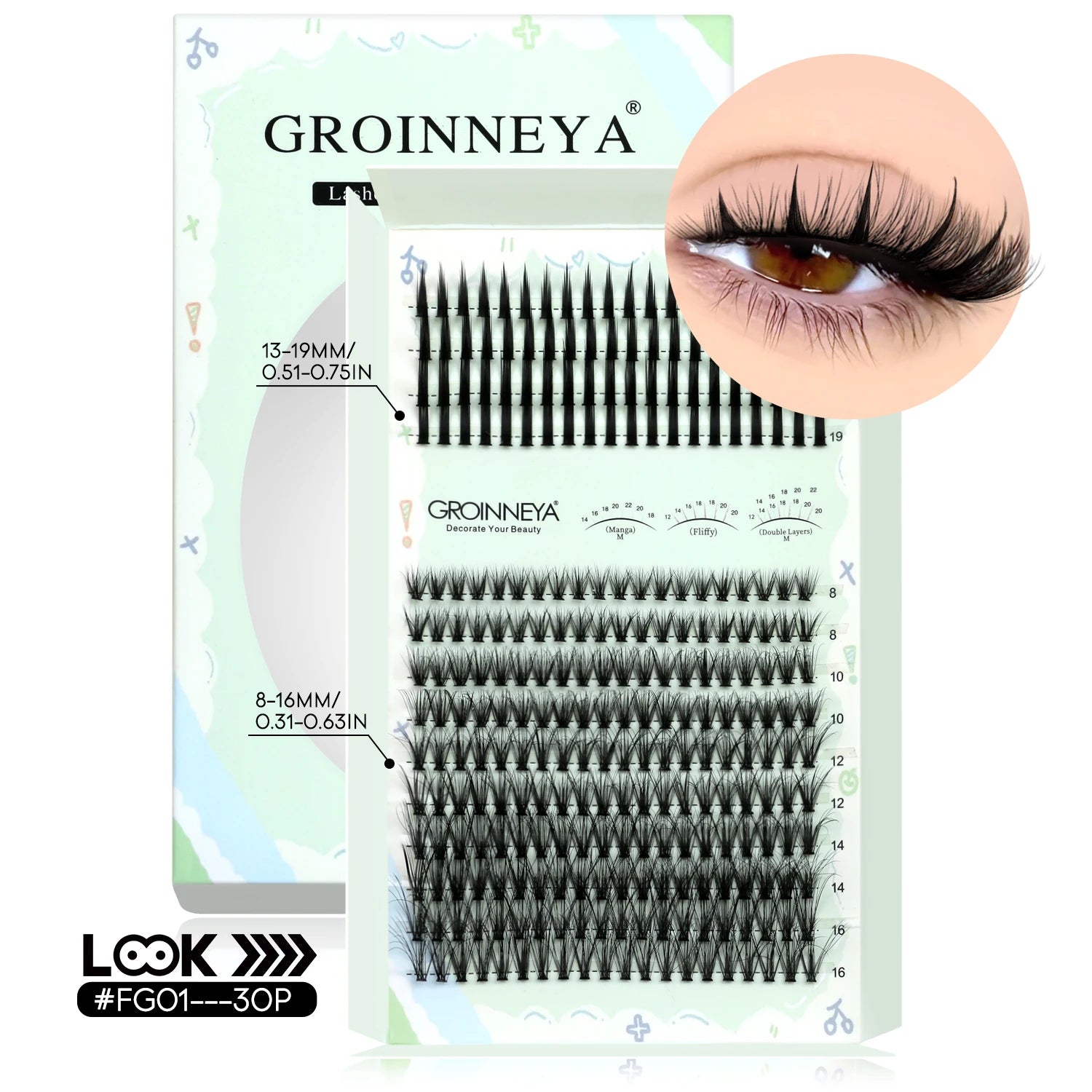 GROINNEYA Kit de grappes de cils pointes cils individuels grappes de cils Kit de grappes de cils D-curly avec maquillage de liaison et de joint