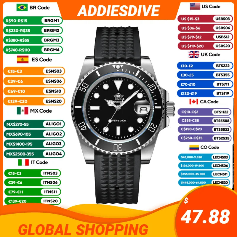 ADDIESDIVE – montre de luxe à Quartz en acier inoxydable pour hommes, étanche 20ATM, avec date, lunette en céramique, montres de Sport, Relogio Masculino