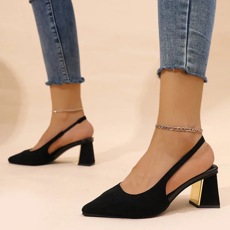 Escarpins à talons épais et bout pointu pour femmes, chaussures habillées noires, lanière arrière, sandales à talons hauts, nouvelle collection été 2025