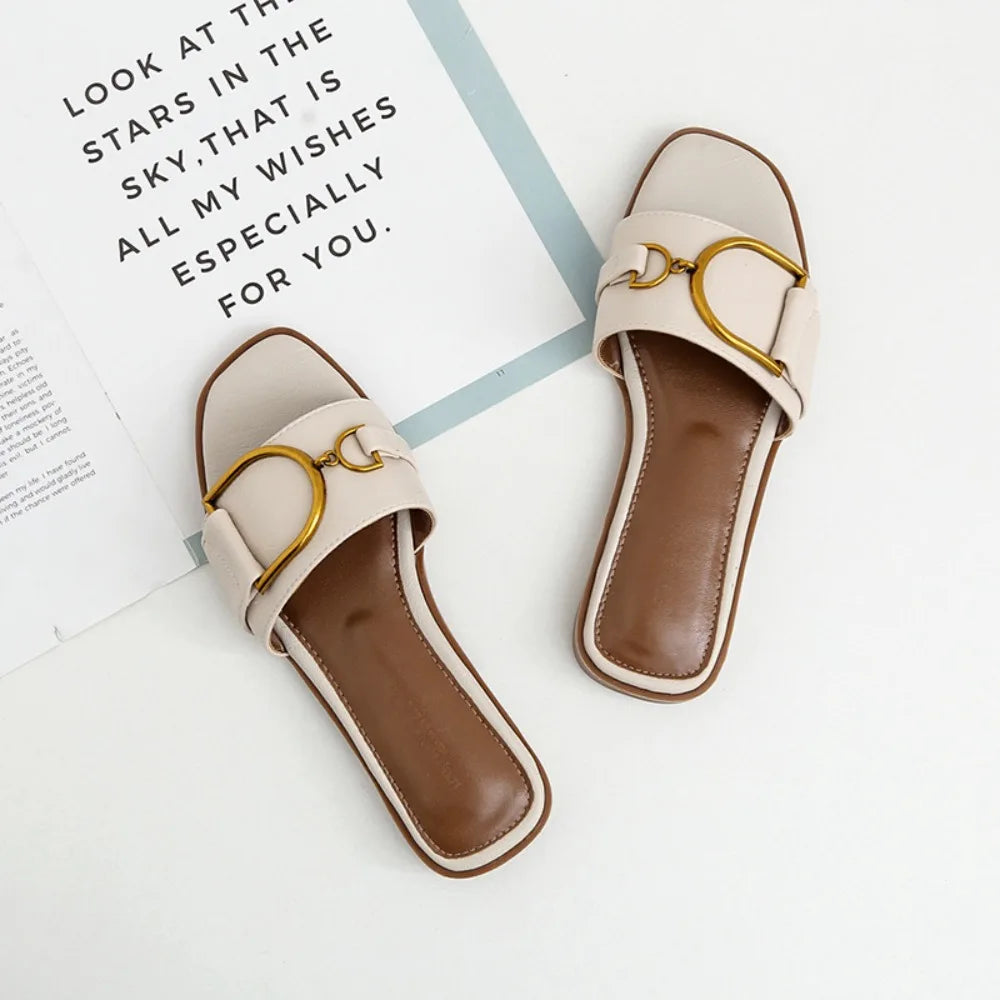 Pantoufles Plates d'Été en Cuir pour Femme, Sandales Carrées, Tongs de Styliste, Chaussures de Luxe