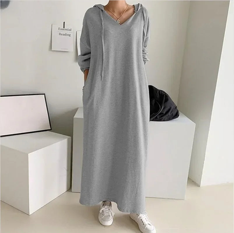 Robe à manches longues pour femmes, col à capuche décontracté, sweats à capuche de proximité, robes élégantes pour femmes de bureau, robe maxi éducative