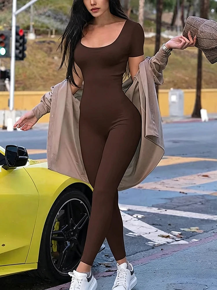 Barboteuse à manches courtes pour femmes, couleur unie, slim, batterie con, combinaisons, sport, fitness, décontracté, activité, streetwear, salopette