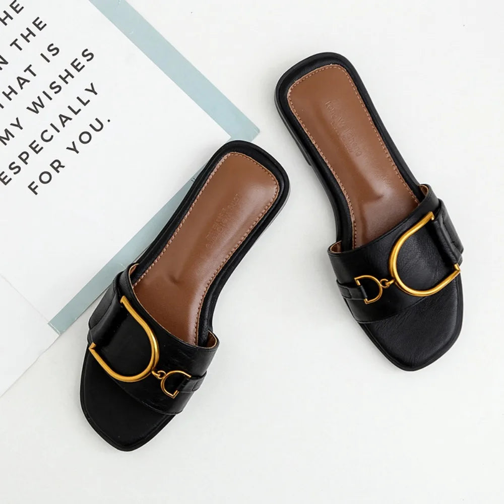Pantoufles Plates d'Été en Cuir pour Femme, Sandales Carrées, Tongs de Styliste, Chaussures de Luxe