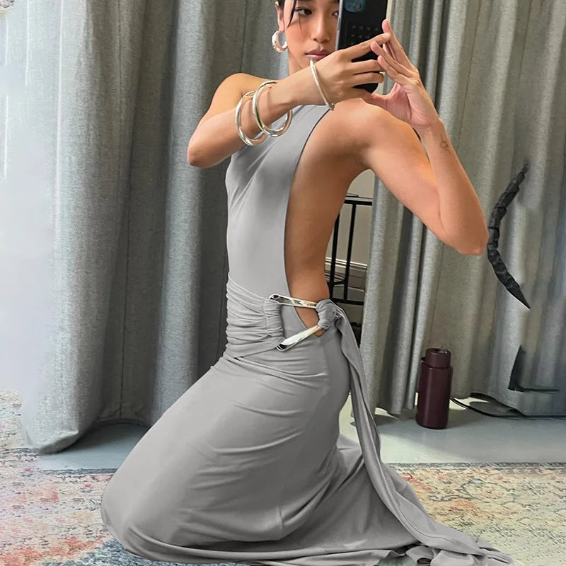 DSMTRC – Robe longue à bandes, asymétrique épaule dénudée, couleur unie, Sexy, pour femmes, fête d'été, sans manches, dos nu, anneaux métalliques
