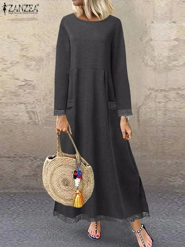 ZANZEA-Robe sweat-shirt à manches longues et col rond pour femme, pull au crochet en dentelle, robe d'été, sweats à capuche monochromes, robe éducative, sourire, hiver, automne