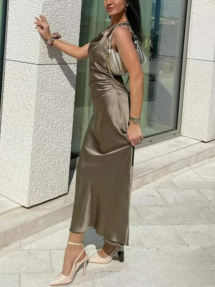 KONDALA Vintage décontracté Chic femmes robe solide col rond sans manches fermeture éclair robe mince mode 2025 vacances d'été robe fourreau