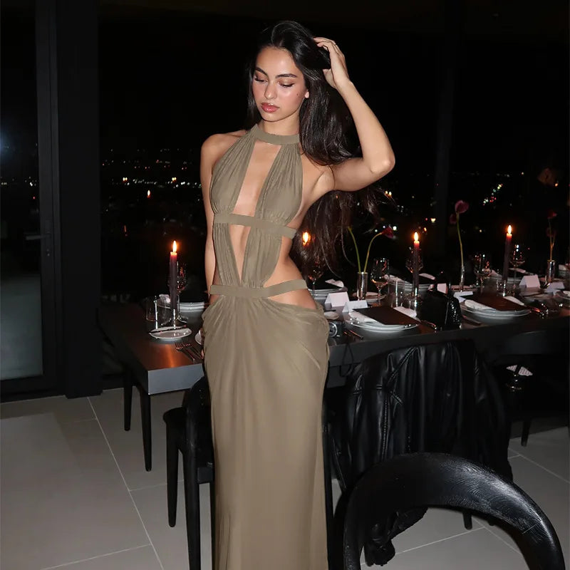 Robe longue de soirée élégante kaki, style licou, à découpes, drapée, dos très ouvert, sans taille, sans manches, pour soirée et bal de promo