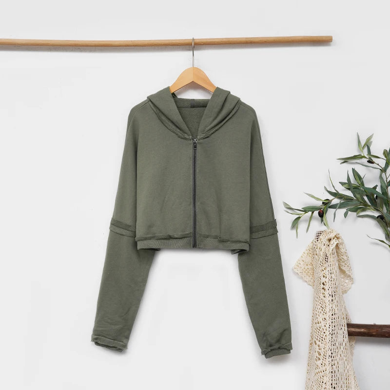 Sweat-shirt à capuche en coton pour femmes, couleur unie, rétro, court, haut court, veste à capuche, sport Cool, fermeture éclair, manches longues, Streetwear