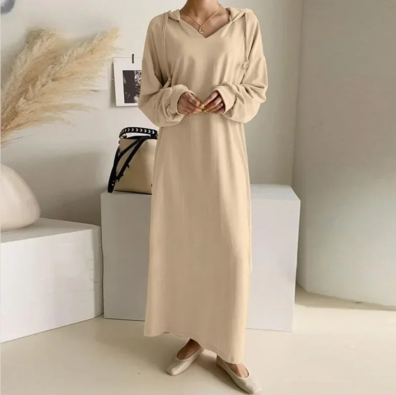 Robe à manches longues pour femmes, col à capuche décontracté, sweats à capuche de proximité, robes élégantes pour femmes de bureau, robe maxi éducative