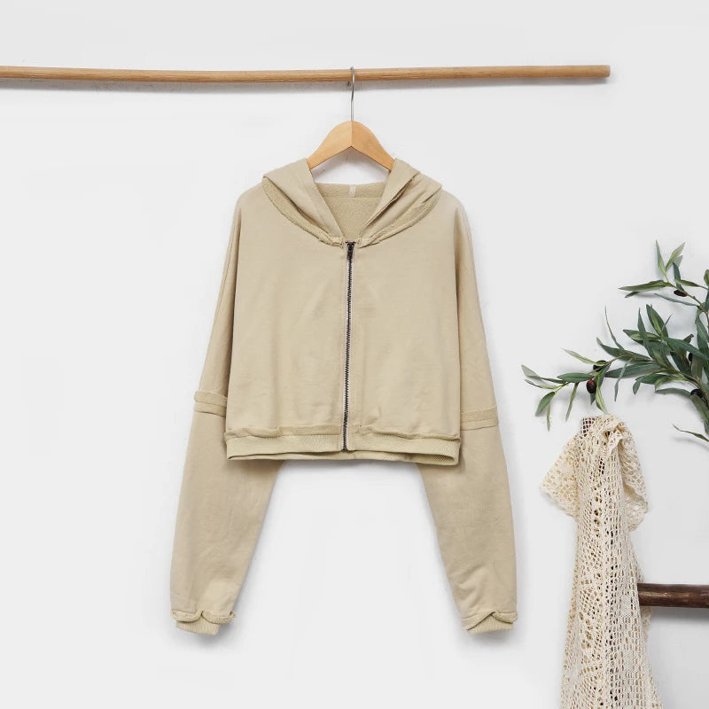 Sweat-shirt à capuche en coton pour femmes, couleur unie, rétro, court, haut court, veste à capuche, sport Cool, fermeture éclair, manches longues, Streetwear