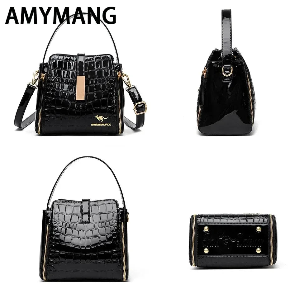 Sac à main en cuir verni pour femmes, sac seau en cuir de haute qualité avec poche intérieure, sac à bandoulière de marque de luxe pour femmes.