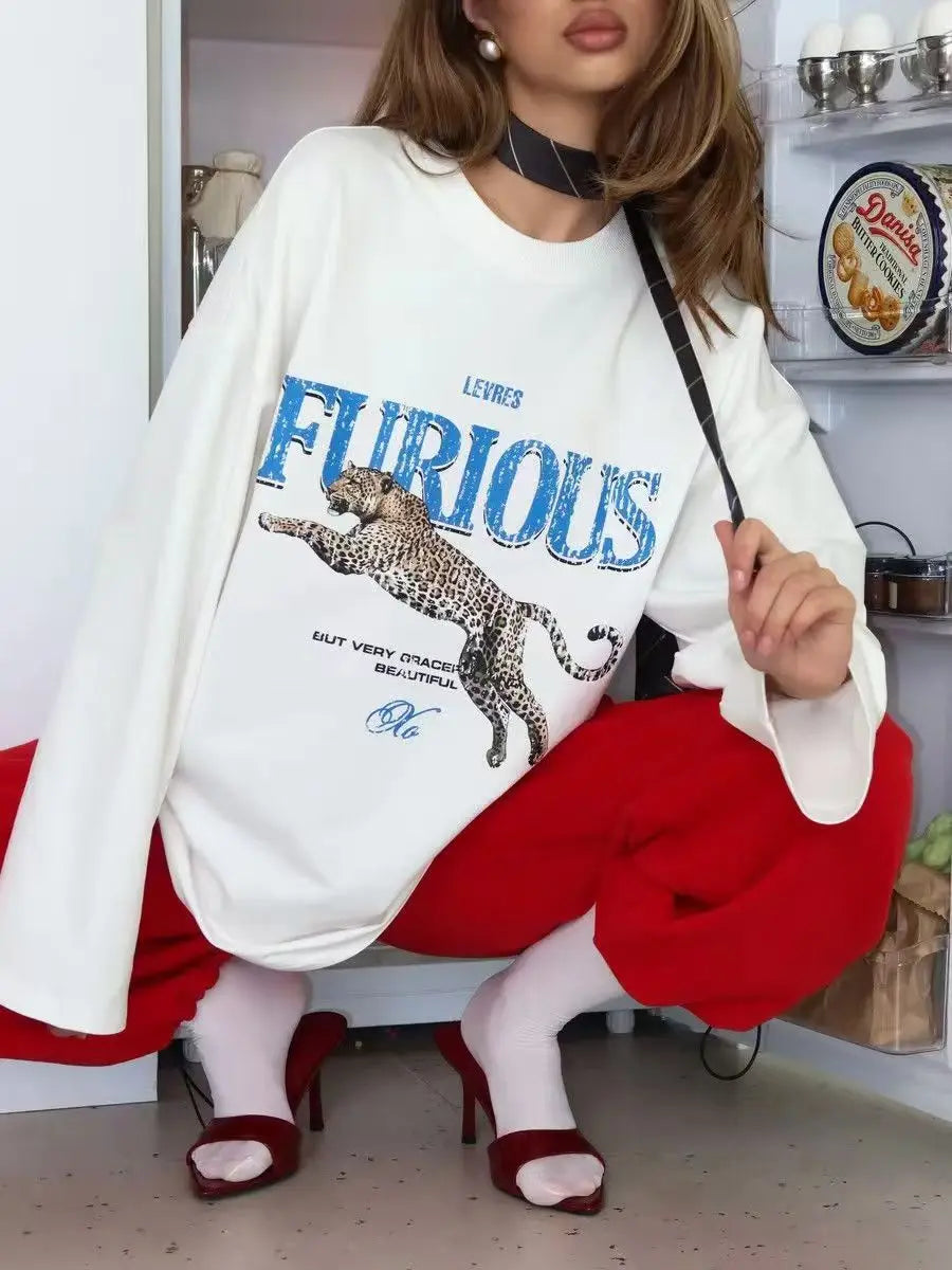 T-shirt Oversize Imprimé Léopard Féroce Femme Manches Longues Style Rétro Américain Décontracté Col Rond Streetwear 2026