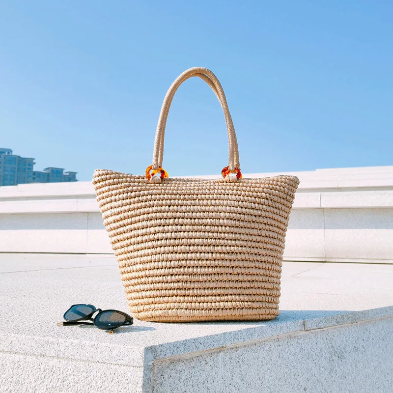 Sacs à main bohème d'été en paille pour femmes, sac de plage de grande capacité, sac à bandoulière, panier de shopping tissé, fourre-tout