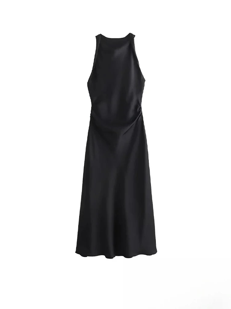 KONDALA Vintage décontracté Chic femmes robe solide col rond sans manches fermeture éclair robe mince mode 2025 vacances d'été robe fourreau