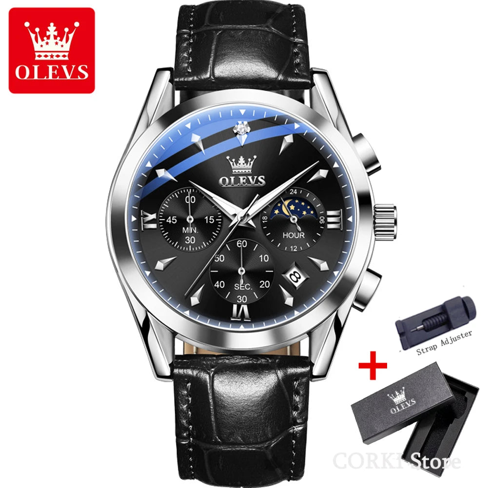 OLEVS 3609 Original Phase de lune chronographe montre pour hommes en cuir étanche lumineux luxe Quartz hommes montres Reloj Mujer