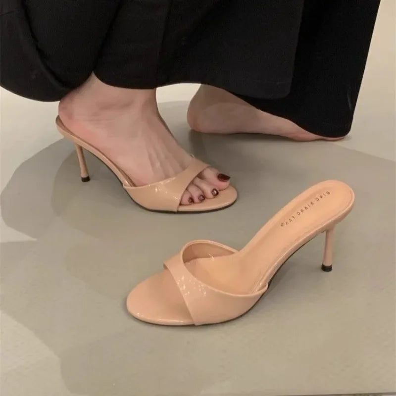 2025 été nouvelle marque femmes pantoufle mode bout ouvert sans lacet diapositives dames élégant mince robe à talons hauts pompes diapositives