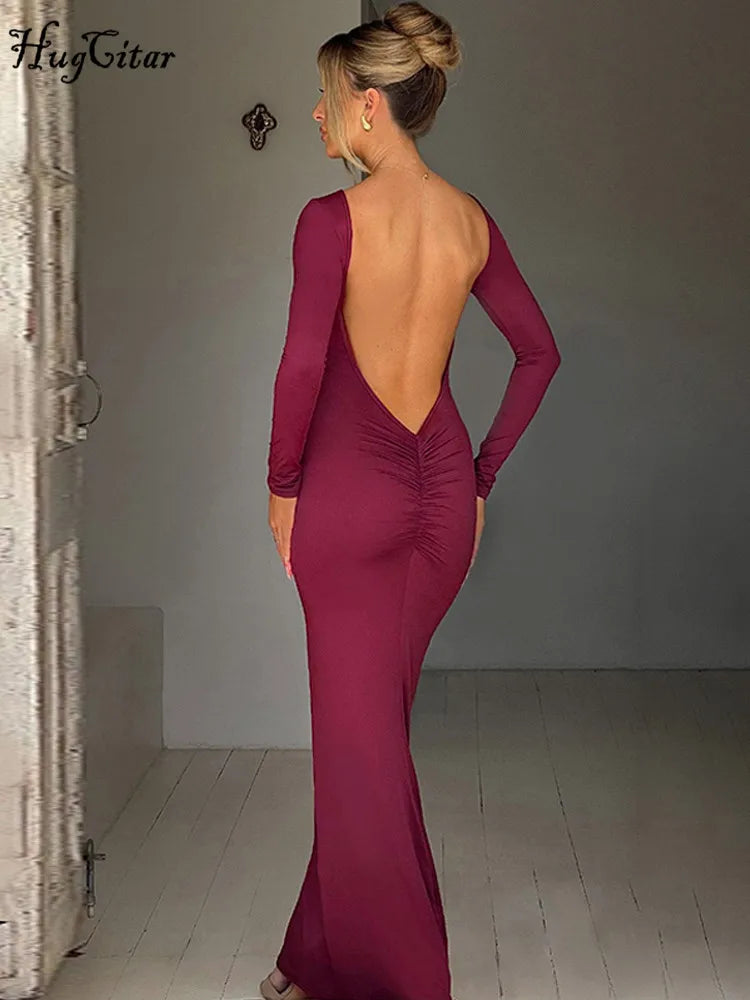 Hugcitar printemps élégant à manches longues dos nu solide froncé Sexy moulante Maxi robe de bal femmes tenue soirée Festival Y2K