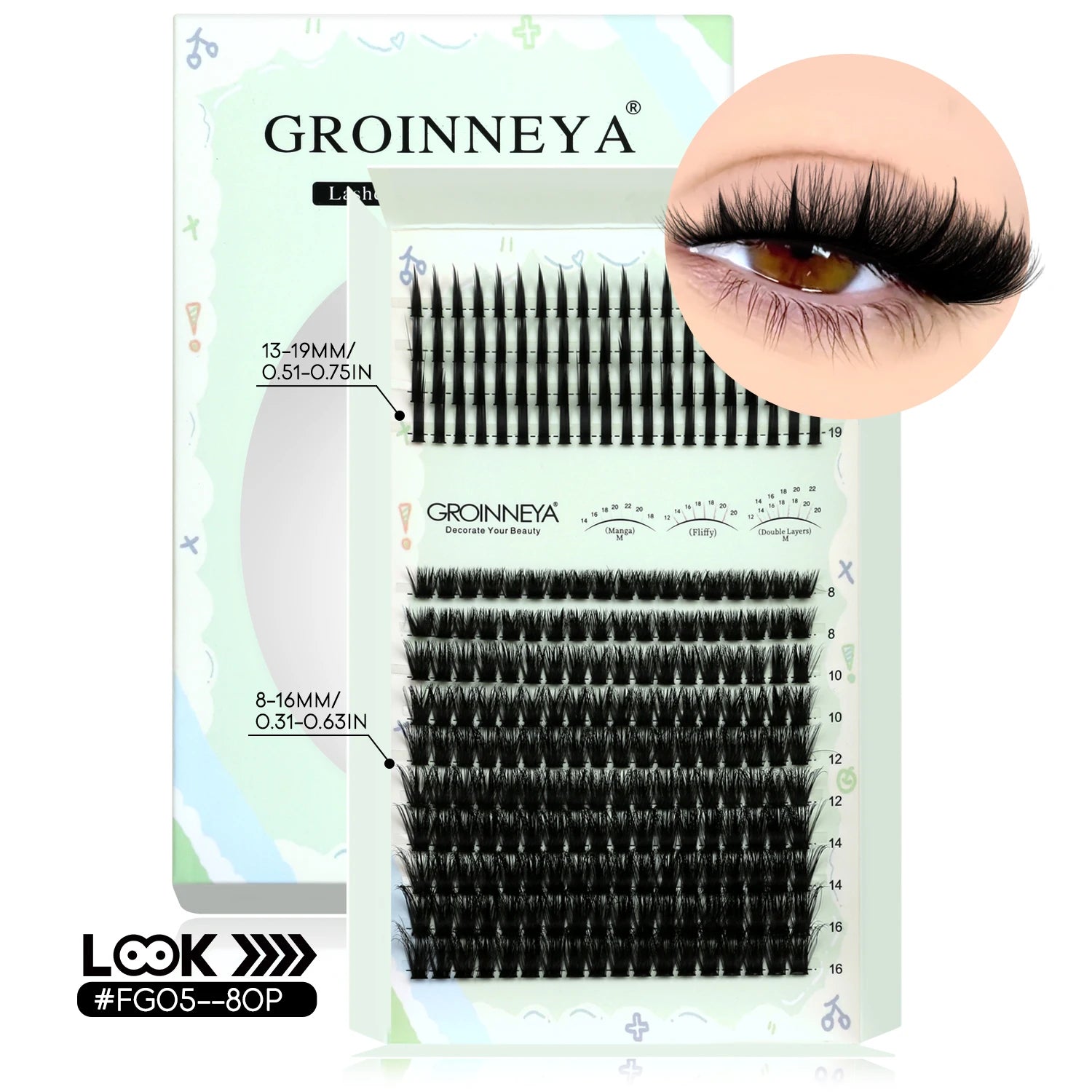 GROINNEYA Kit de grappes de cils pointes cils individuels grappes de cils Kit de grappes de cils D-curly avec maquillage de liaison et de joint