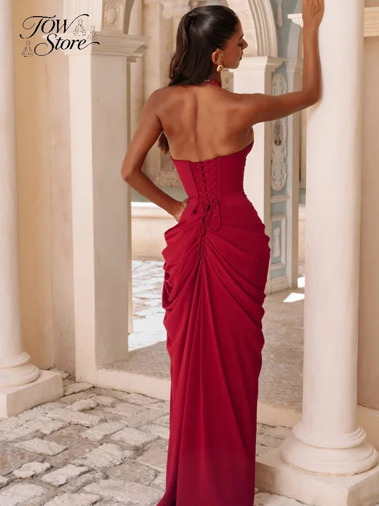 Robe longue plissée unie sexy pour femme, style licou, sans manches, dos nu, cintrée à la taille, fendue, pour soirées d'été 2026