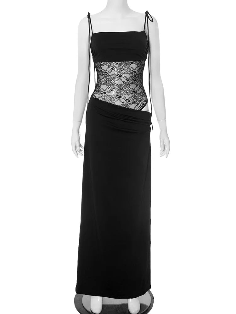 Robe Maxi élégante en dentelle découpée pour femmes, Sexy, bretelles Spaghetti, Patchwork, robe de soirée, dos nu, été, 2025