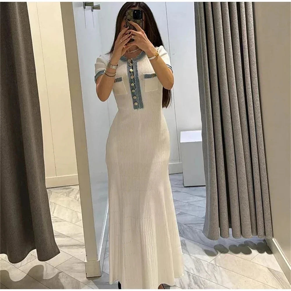 Robe Maxi en Tricot Élégante pour Femme, Col Rond, Manches Courtes, lèvent en Métal, Batterie, Tenue de Bureau Chic